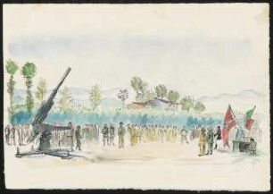 Skizzen: Vorplatz mit Soldaten und Geschütz, im Hintergrund Landschaft