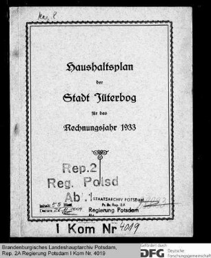 Haushaltsplan der Stadt Jüterbog für das Rechnungsjahr 1933