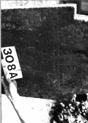 Grabstein 308 (Index: 100085240) Maße HxBxT: 127x59x16 cm Beschreibung: Stele, eingezogener Rundbogenabschluß, Schriftfeld eingetieft: Grabstein 308A