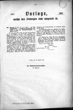 Anlagen: (667), Vorlagen, welche den Zeitungen nich mitgeteilt sind, 12. August 1921