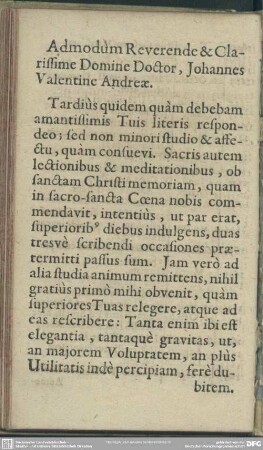Admodum Reverende & Clarissimi Domine Doctor, Johannes Valentine Andreae