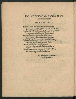 In Abitum Eiusdem ... Hexastichon.