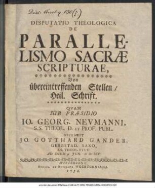 Disputatio Theologica De Parallelismo Sacrae Scripturae