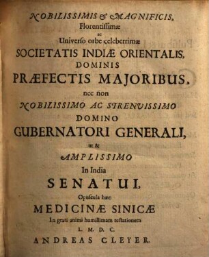 Specimen medicinae Sinicae : sive opuscula medica ad mentem Sinensium ; continens I. De pulsibus libros 4 e Sinico translatos, II. Tractatus de pulsibus ab erudito Europaeo collectos ; III. Fragmentum operis medici ibidem ab erudito Europaeo conscripti ; IV. Excerpta literis eruditi Europaei in China ; V. Schemata ad meliorem praecedentium intelligentiam ; VI. De indiciis morborum ex linguae coloribus & affectionibus