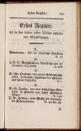 Erstes Register, der in den beiden ersten Theilen enthaltenen Abhandlungen.