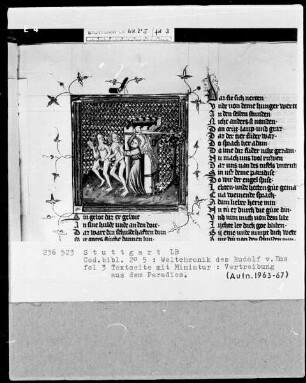Weltchronik des Rudolf von Ems — Textseite mit zwei Miniaturen, Folio 3recto