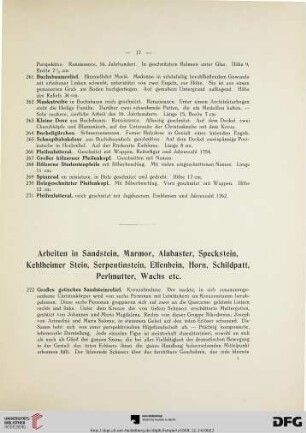 Arbeiten in Sandstein, Marmor, Alabaster, Speckstein, Kehlheimer Stein, Serpentinstein, Elfenbein, Horn, Schildpatt, Perlmutter, Wachst etc. (Nr. 272-319)