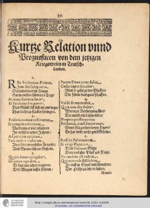 Kurtze Relation unnd Vrognosticon von dem jetzigen Kriegswesen in Teutschlanden.