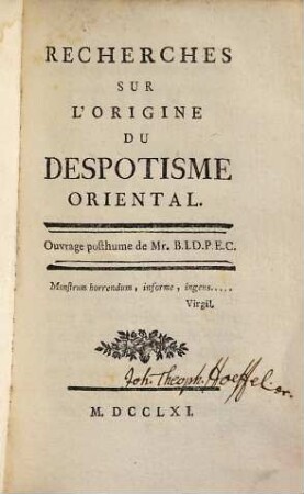 Recherches Sur L'Origine Du Despotisme Oriental
