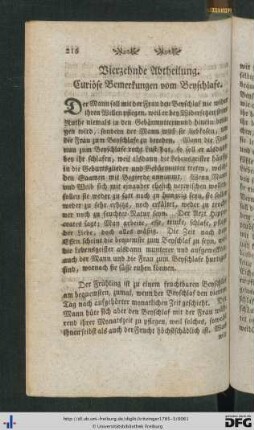 Vierzehnde Abtheilung. Curiose Bemerkungen vom Beyschlafe.