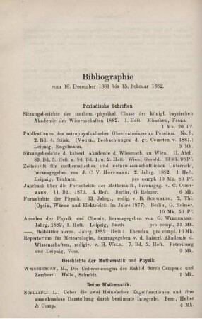 Bibliographie vom 16. December 1881 bis 15. Februar 1882.