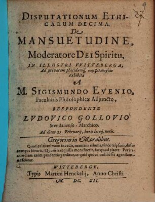 Disputationum Ethicarum Decima. De Mansuetudine