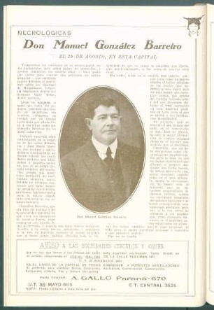 Necrológicas : Don Manuel González Barreiro. El 29 de Agosto, en esta capital