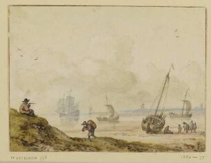 Strand mit anlandendem Schiff