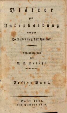 Blätter zur Unterhaltung und zur Beförderung der Cultur. 1. 1808