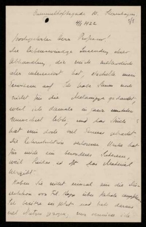 Nr. 3 Brief von Ada Adler an Ulrich von Wilamowitz-Moellendorff. Kopenhagen, 4.1.1922
