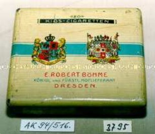 Blechdose für "20 KIOS-CIGARETTEN E.ROBERT BÖHME, DRESDEN" (Abbildung zweier gekrönter Wappen)