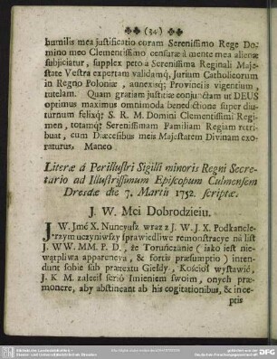 Literae a Perillustri Sigilli minoris Regni Secretario ad Illustrissimum Episcopum Culmensem Dresdae die 7. Martii 1752. scriptae