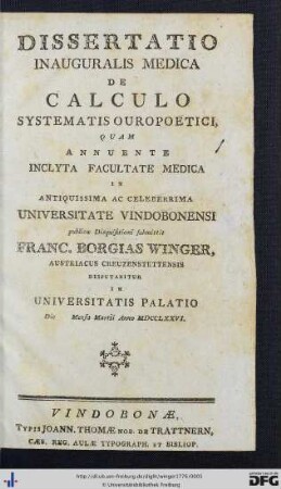 Dissertatio Inauguralis Medica De Calculo Systematis Ouropoetici
