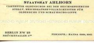 Visitenkarte des Staatsrats Ahlhorn aus der Sammlung des Reichskanzlers Wilhelm Marx / Kategorie "Reichsrat" - Sachkonvolut