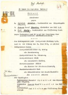 Angeklagte: Spindler, Heinrich (Nachtwächter); Zell im Wiesental *09.01.1893 in Lippertsgrünn; + ? Häussler, Hermann Josef (Elektriker); Zell im Wiesental *07.08.1902 in Zell im Wiesental; + ? Kiefer, Karl (Nachtwächter); Zell im Wiesental *11.02.1895 in Pfaffenberg; + ? Delikt: Rundfunkverbrechen Tatort: Zell im Wiesental Tatzeit: November 1940