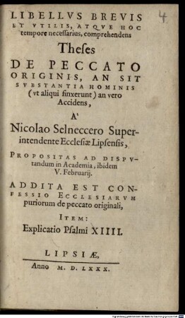 Libellus brevis ... comprehendens theses de peccato originis