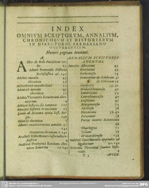 Index Omnium Scriptorum, Annalium, Chronicorum Et Historiarum In Directorio Freheriano Occurrentium