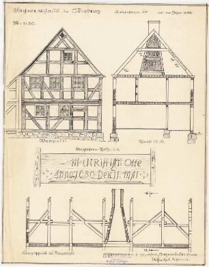 Fachwerkhaus, Oderberg: Giebelansicht, Längsschnitt, Querschnitt 1:50