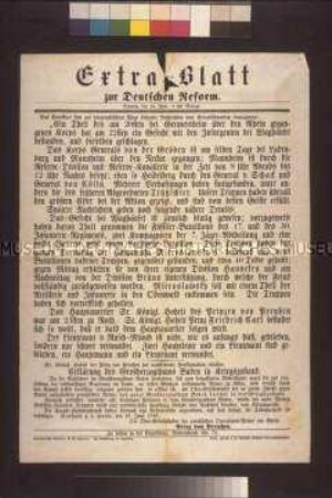 Maueranschlag: Aus Frankfurt sind auf telegraphischem Wege folgende Nachrichten vom Kriegsschauplatz eingegangen. Extra-Blatt zur Deutschen Reform; 24. Juni 1849