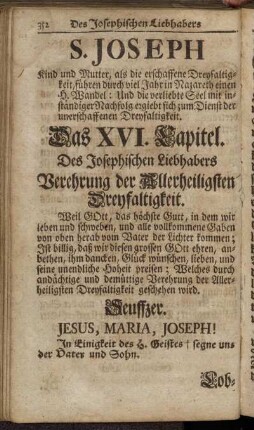 S. Joseph [...]. Das XVI. Capitel. Des Josephischen Liebhabers Verehrung der Allerheiligsten Dreyfaltigkeit.
