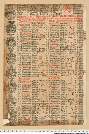 Almanach Petri Apiani von Leyßnick Mathematici. Gemacht auff mitten Tag der löbliche[n] stat Regenspurg ... : ... Christi vnsers seligmachers geburt. M.CCCCC.XXIII. ...