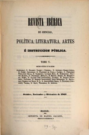 Revista ibérica de ciencias, polit́ica, literatura, artes e instrucción pública. 5. 1862 = Okt. - Dez.