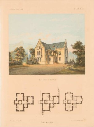 Villa im Park, Salzburg: Grundrisse, Perspektivische Ansicht (aus: Architektonisches Skizzenbuch, H. 31, 1857)