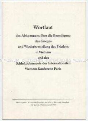 Sonderdruck des Solidaritätskomitees der DDR mit dem Text des Vertrages über die Beendigung des Vietnam-Krieges