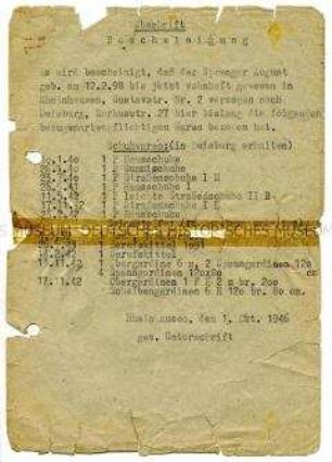 Bescheinigung (Abschrift) über den Erhalt von bezugskartenpflichtiger Kleidung