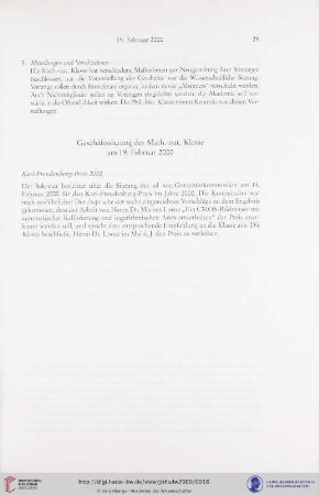 Geschäftssitzung der Math.-nat. Klasse am 19. Februar 2000
