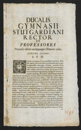 Ducalis Gymnasii Stutgardiani Rector Et Professores Praemisso...