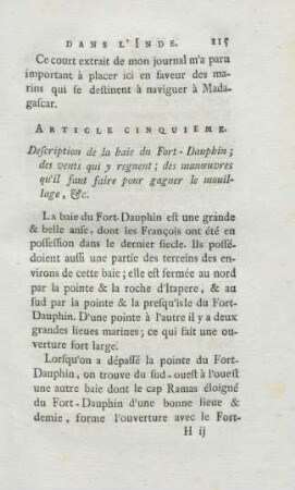 Article cinquieme. Description de la baie du Fort-Dauphin ...