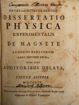 Petri Van Musschenbroek Dissertatio Physica Experimentalis De Magnete