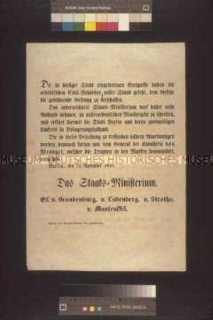 Maueranschlag: Das preußische Staatsministerium gibt die Verhängung der Belagerungszustandes über die Stadt Berlin und deren zweimeiligen Umkreis bekannt; 12. November 1848