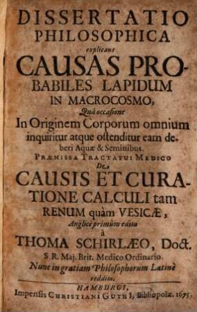 Dissertatio philosophica explicans causas probabiles lapidum in macrocosmo