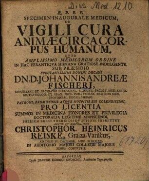 Specimen Inaugurale Medicum, De Vigili Cura Animae Circa Corpus Humanum