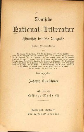 Lessings Werke, 7. Recensionen. Vorreden. Wörterbuch zu Logau. Litteraturbriefe