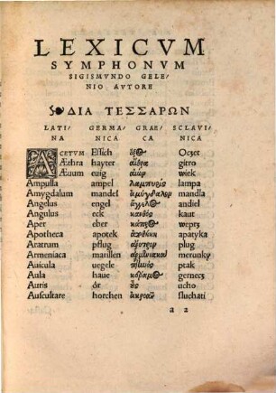 Lexicum symphonum : quo quatuor linguarum Europae familiarium Graecae scilicet, Latinae, Germanicae ac Slavinicae concordia consonantiaque indicatur