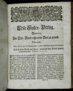 Ersten Fasten Predig. Inhalt. Die Tod-Sünd richtet die Seel zu grund