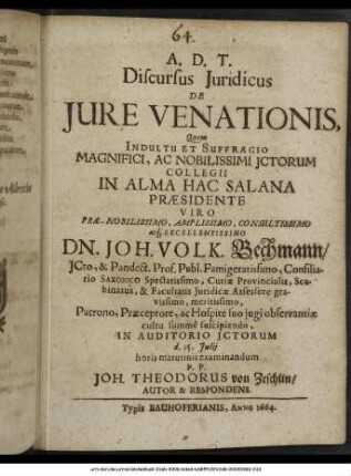 Discursus Iuridicus De Iure Venationis