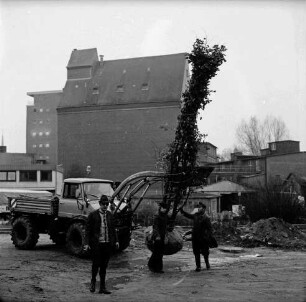 Pferdemarkt: Baumpflanzaktion: Kleintransporter mit Bagger: daran Baum mit Wurzelballen: rechts und links daneben Arbeiter: vorn links Mann: hinten Backsteinsilo der Weizenmühle ["Gloria-Mühle"] der Johannes Ströh Mühlenwerke und weitere Gebäude