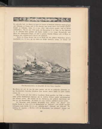 Eine Torpedobootdivision, ein Panzerschiff und einen Kreuzer angreifend.