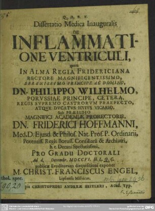 Dissertatio Medica Inauguralis De Inflammatione Ventriculi