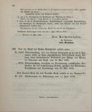 49. Das 11. Stück des Reichs-Gesetzblatts enthält unter: ...